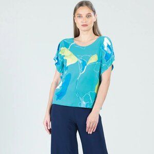 Clara Sunwoo NWT Floral Sketch Caftan Flutter Sleeve Top Turquoise/Lemon size L